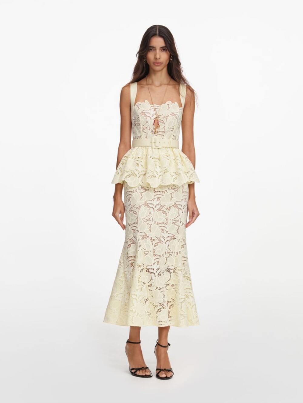 Self Portrait Yellow Lace Peplum Midi Dress